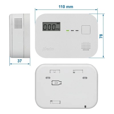 Detector monoxid de carbon Alecto COA3910 cu dimensiuni prezentate