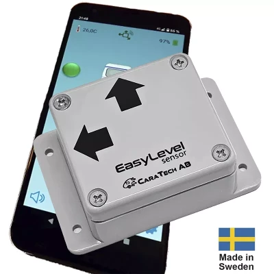 Nivela digitala EasyLevel pentru rulota si autorulota, prezentata langa un smartphone