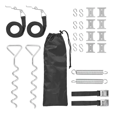 kit ancorare marchiza complet: 2 chingi 353 cm, 2 arcuri, 2 ancore spirala, 2 benzi 20 cm, suporti keder, sac