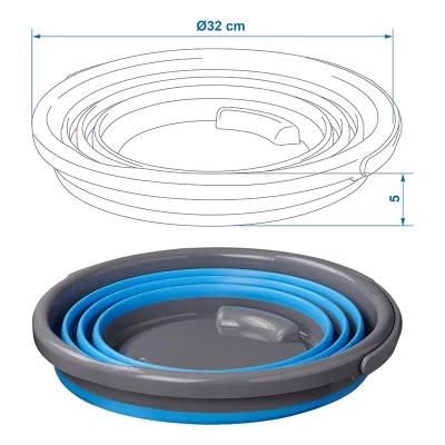 Galeata din silicon pliat – jos produsul, sus desen cu dimensiuni in cm